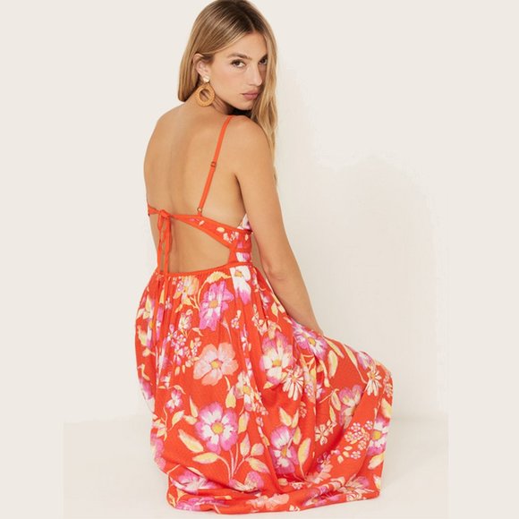 Free People Wisteria Maxi Dress Orange Floral Lightweight Open Back Sleeveless - Picture 3 of 14